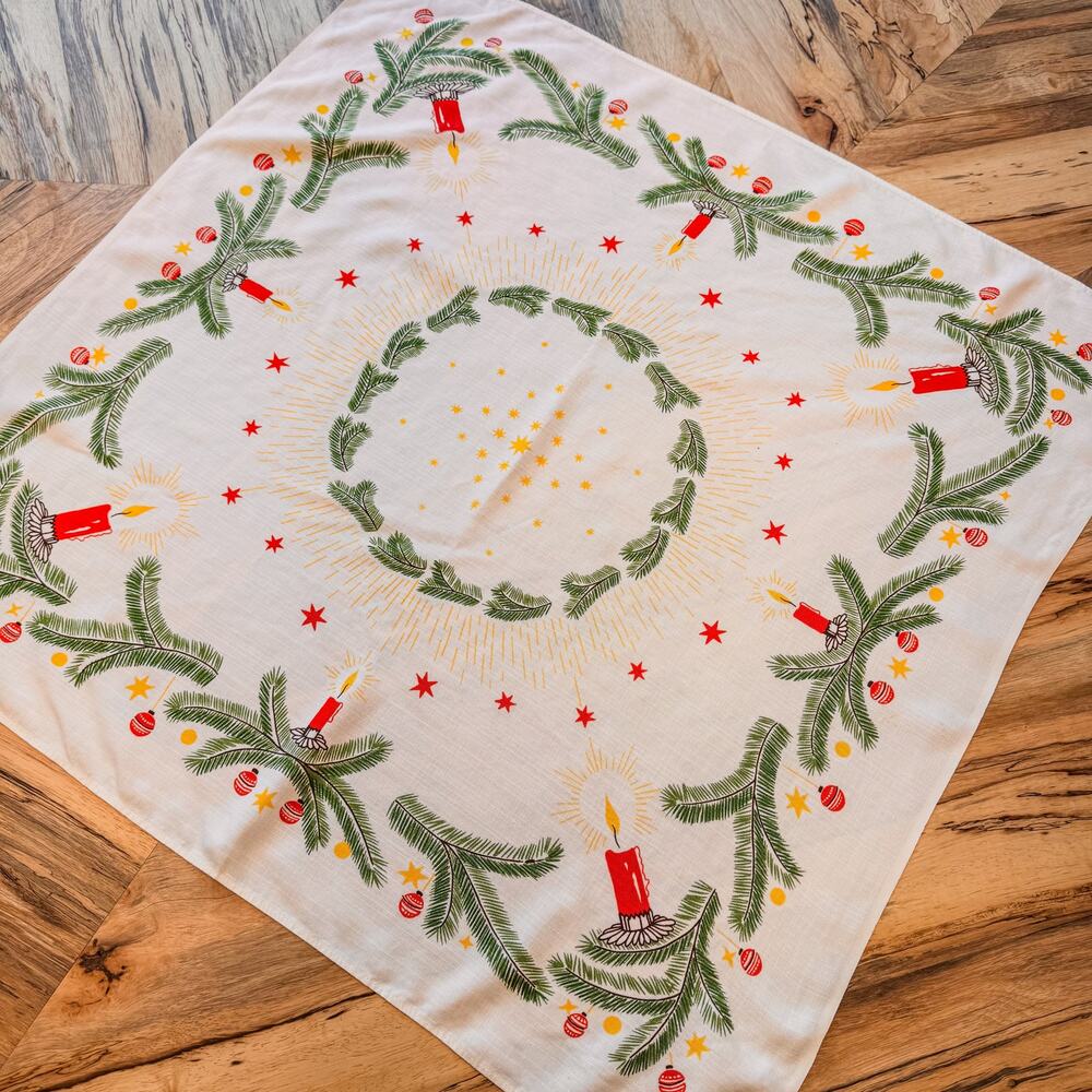 Vintage German Mid-Century Christmas Table Topper w Red Candles, Holly and Stars